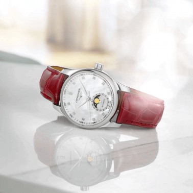 Montre Longines Master Collection automatique cadran nacre blanche bracelet cuir croco rouge 34 mm L2.409.4.87.2