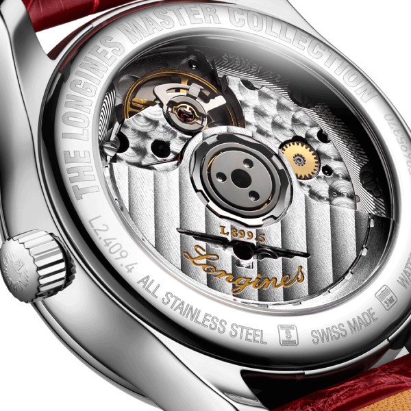 Montre Longines Master Collection automatique cadran nacre blanche bracelet cuir croco rouge 34 mm L2.409.4.87.2