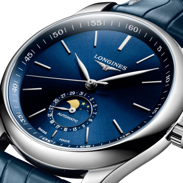 Montre Longines Master Collection automatique cadran bleu phases de lune bracelet cuir bleu 40 mm L2.909.4.92.0