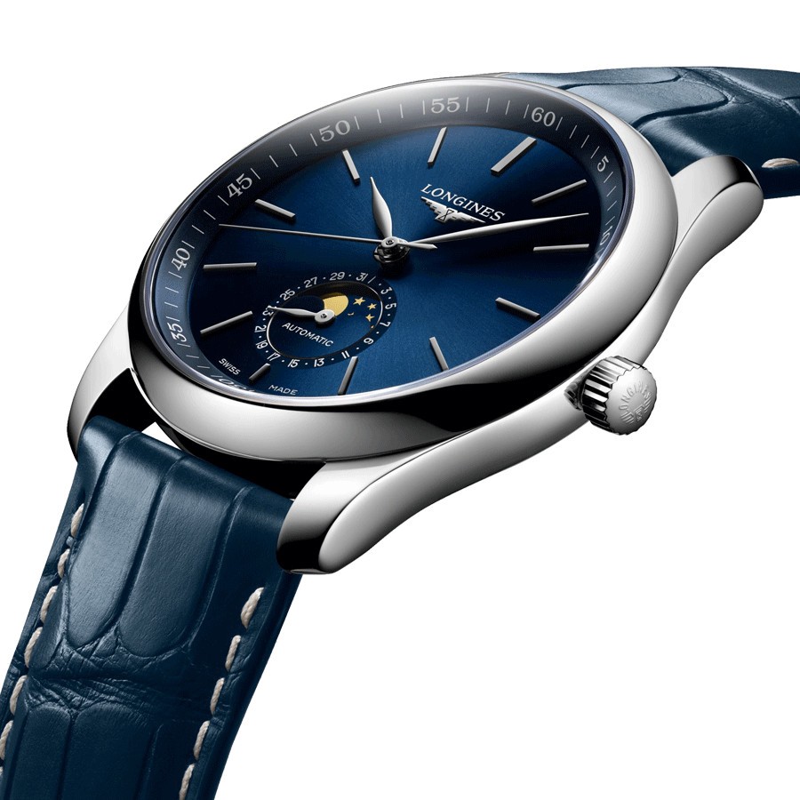Montre Longines Master Collection automatique cadran bleu phases de lune bracelet cuir bleu 40 mm L2.909.4.92.0