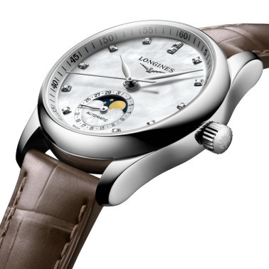 Longines Master Collection automatic watch white mother-of-pearl dial beige croco leather strap 34 mm