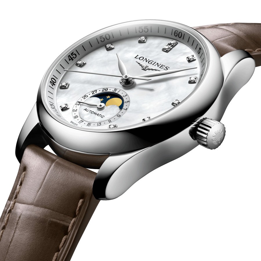 Longines Master Collection automatic watch white mother-of-pearl dial beige croco leather strap 34 mm