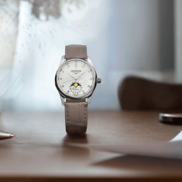 Longines Master Collection automatic watch white mother-of-pearl dial beige croco leather strap 34 mm