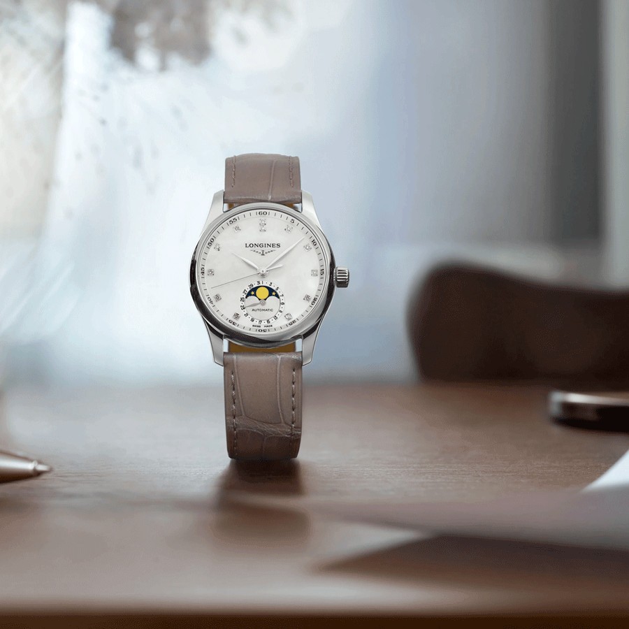 Longines Master Collection automatic watch white mother-of-pearl dial beige croco leather strap 34 mm