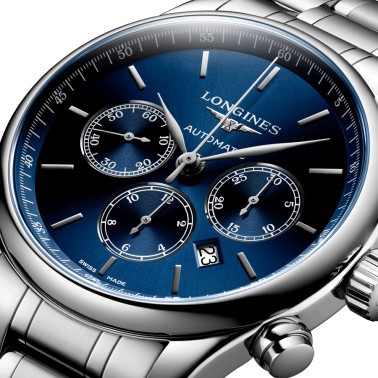 Longines Master Collection automatic chronograph watch blue dial steel bracelet 44 mm