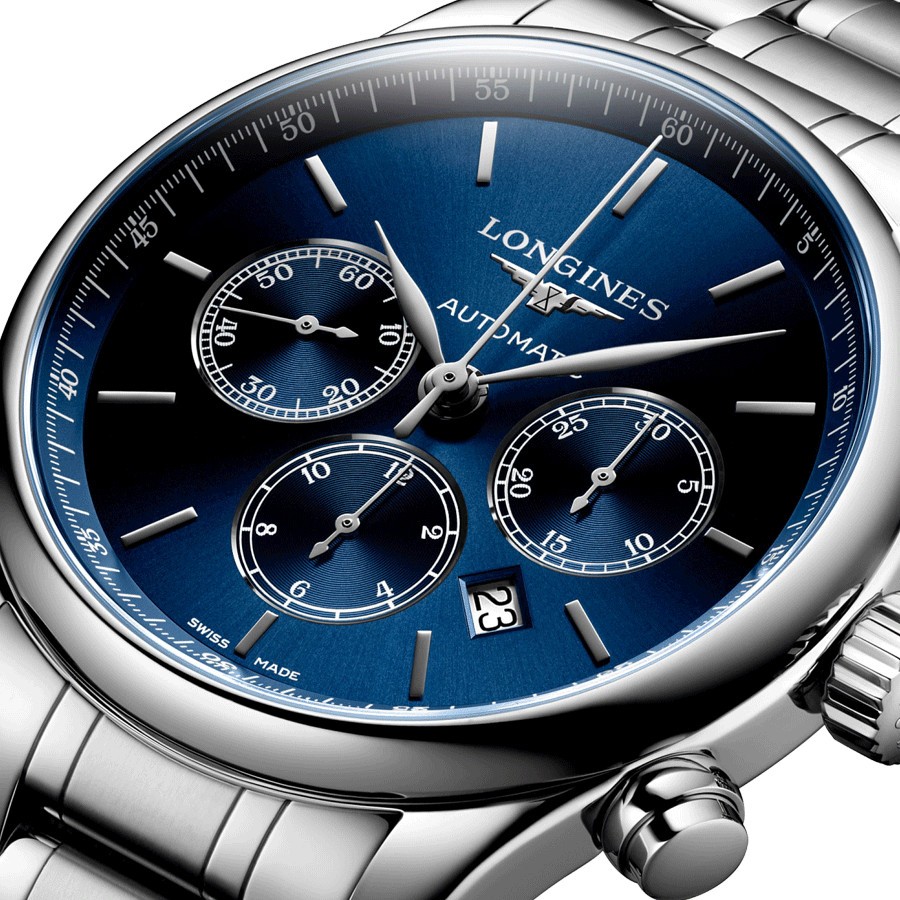 Longines Master Collection automatic chronograph watch blue dial steel bracelet 44 mm