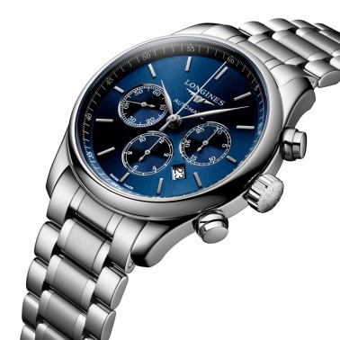 Longines Master Collection automatic chronograph watch blue dial steel bracelet 44 mm