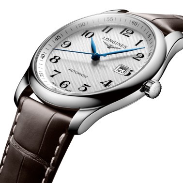 Montre Longines Master Collection automatique cadran argenté chiffres arabes bracelet cuir marron 40 mm