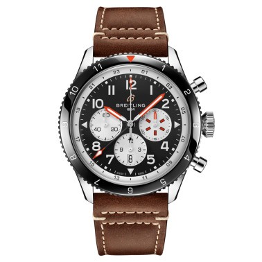 Montre Breitling Super AVI Chronograph GMT Mosquito automatique cadran noir bracelet cuir marron 46 mm YB04451A1B1X1