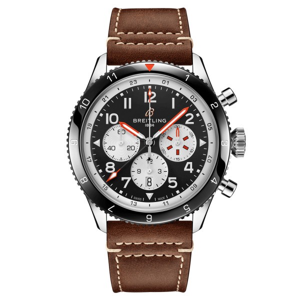 Montre Breitling Super AVI Chronograph GMT Mosquito automatique cadran noir bracelet cuir marron 46 mm YB04451A1B1X1