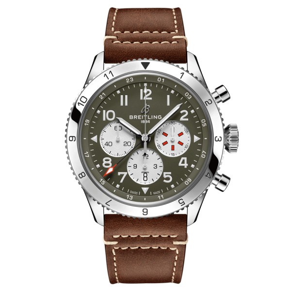 Montre Breitling Super AVI Chronograph GMT Curtiss Warhawk automatique cadran vert bracelet cuir marron 46 mm AB04452A1L1X1