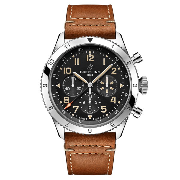 Montre Breitling Super AVI Chronograph GMT P-51 Mustang automatique cadran noir bracelet cuir brun 46 mm AB04453A1B1X1