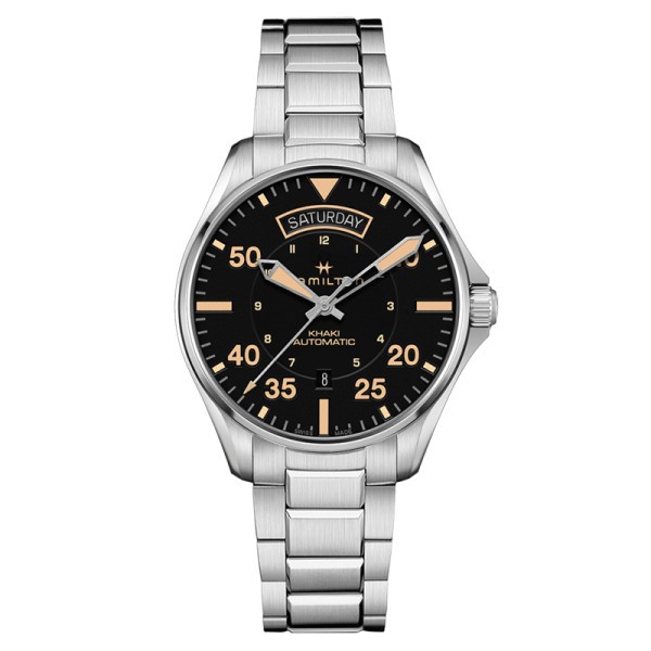 Montre Hamilton Khaki Aviation Day Date cadran noir bracelet acier 42 mm - SOLDAT PL