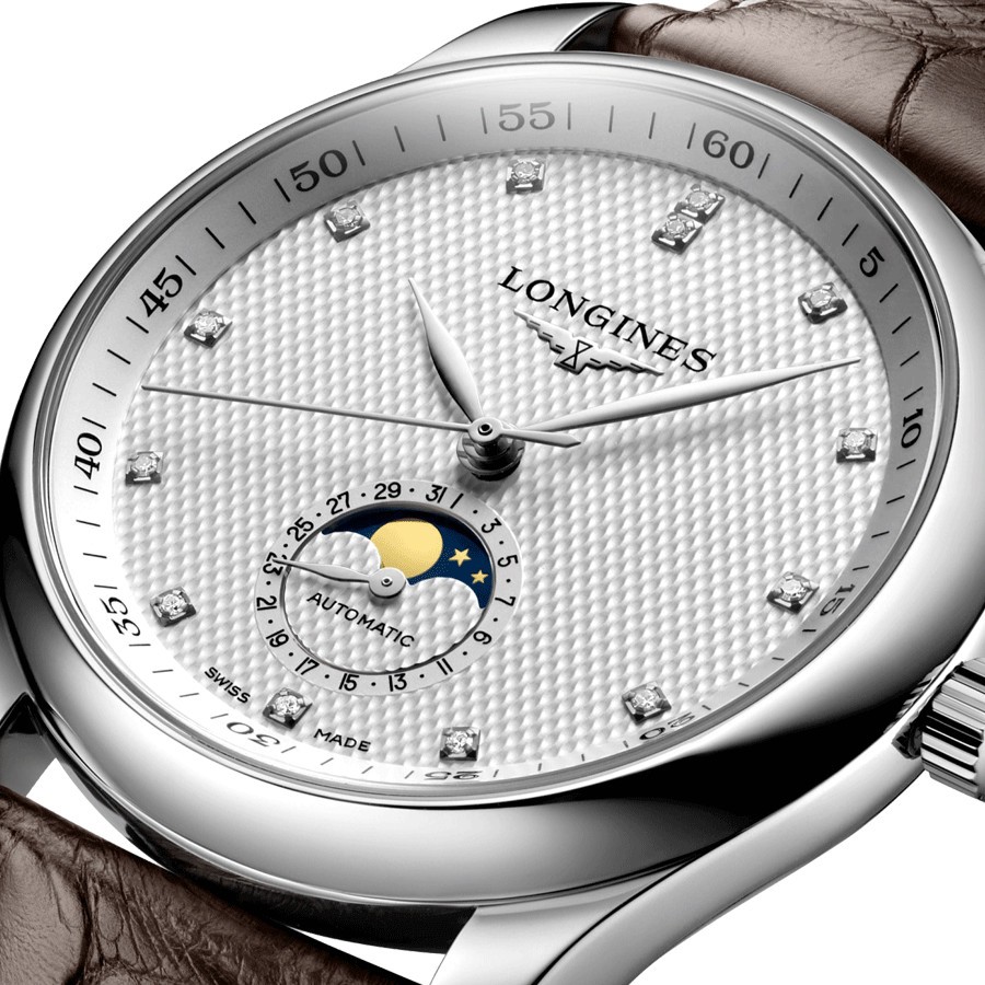 Montre Longines Master Collection automatique index diamants cadran argenté bracelet cuir brun 40 mm