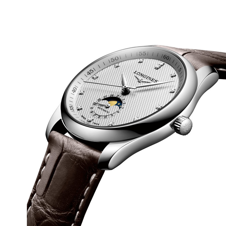 Montre Longines Master Collection automatique index diamants cadran argenté bracelet cuir brun 40 mm