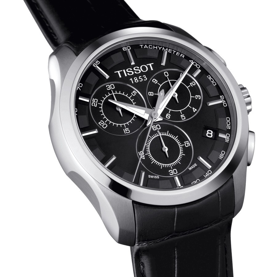 Montre Tissot T-Classic Couturier quartz chronographe cadran noir bracelet cuir noir 41 mm T035.617.16.051.00