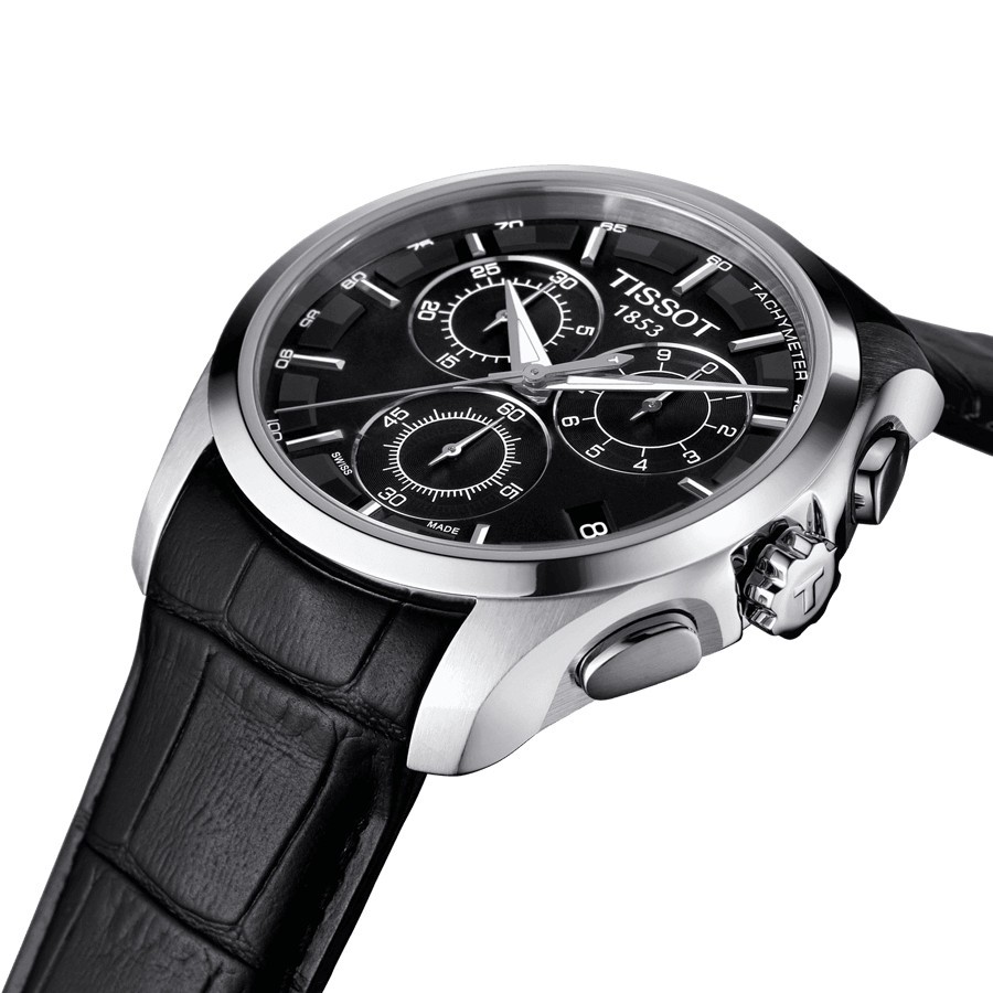 Montre Tissot T-Classic Couturier quartz chronographe cadran noir bracelet cuir noir 41 mm T035.617.16.051.00