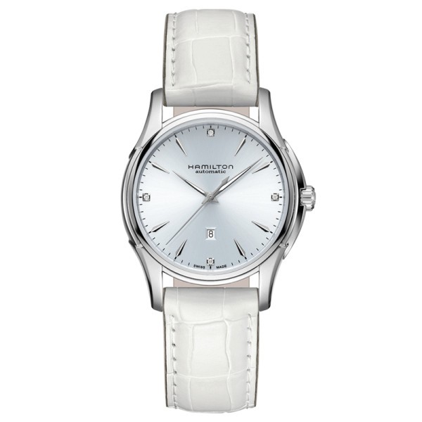Montre Hamilton Jazzmaster Viewmatic cadran bleu ciel bracelet cuir blanc 34 mm
