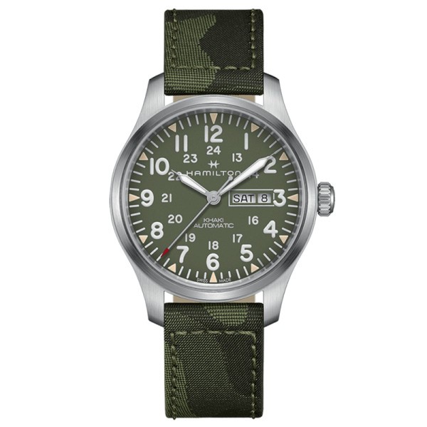 Montre Hamilton Khaki Field Day Date cadran kaki bracelet textile camouflage 42 mm