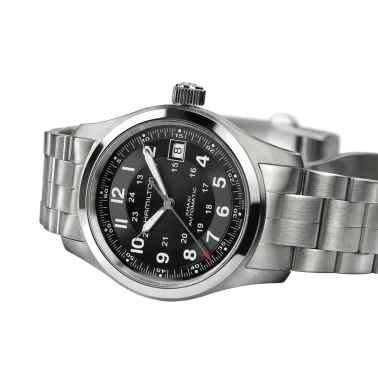 Montre Hamilton Khaki Field cadran noir bracelet acier 38 mm