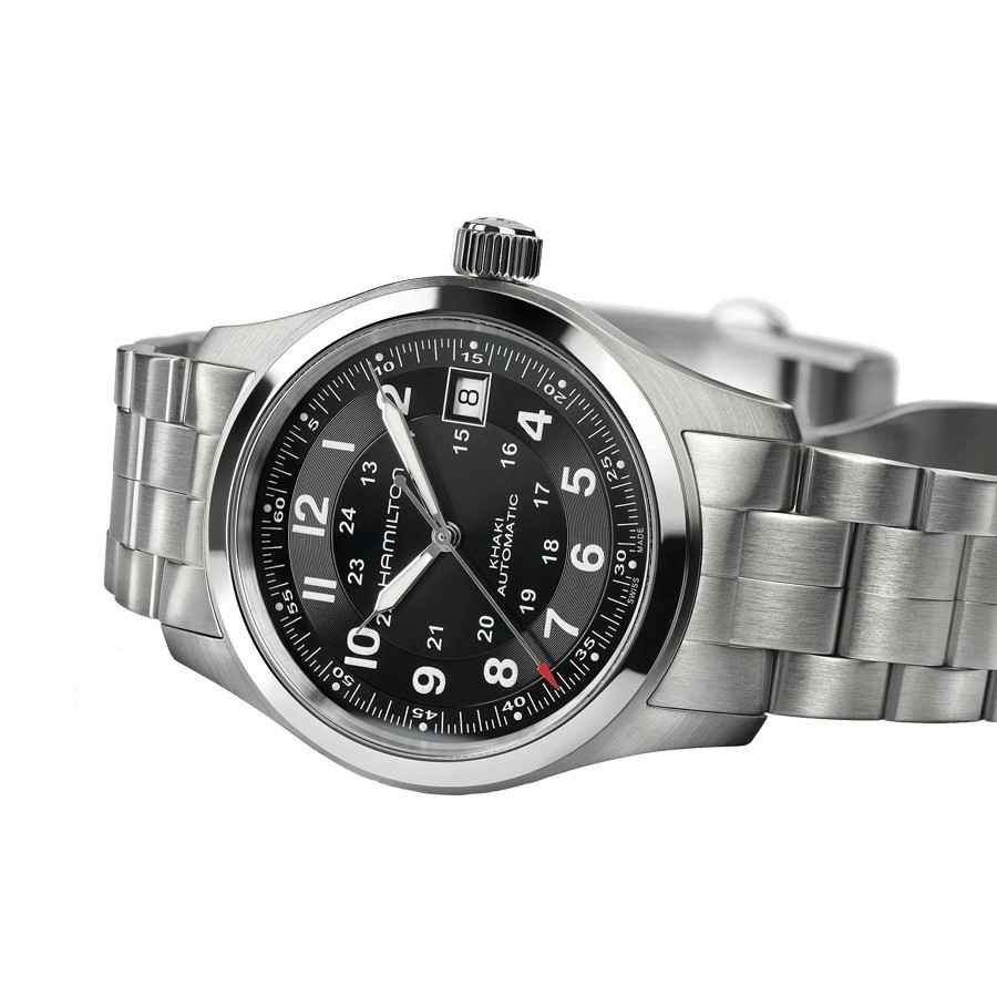 Montre Hamilton Khaki Field cadran noir bracelet acier 38 mm