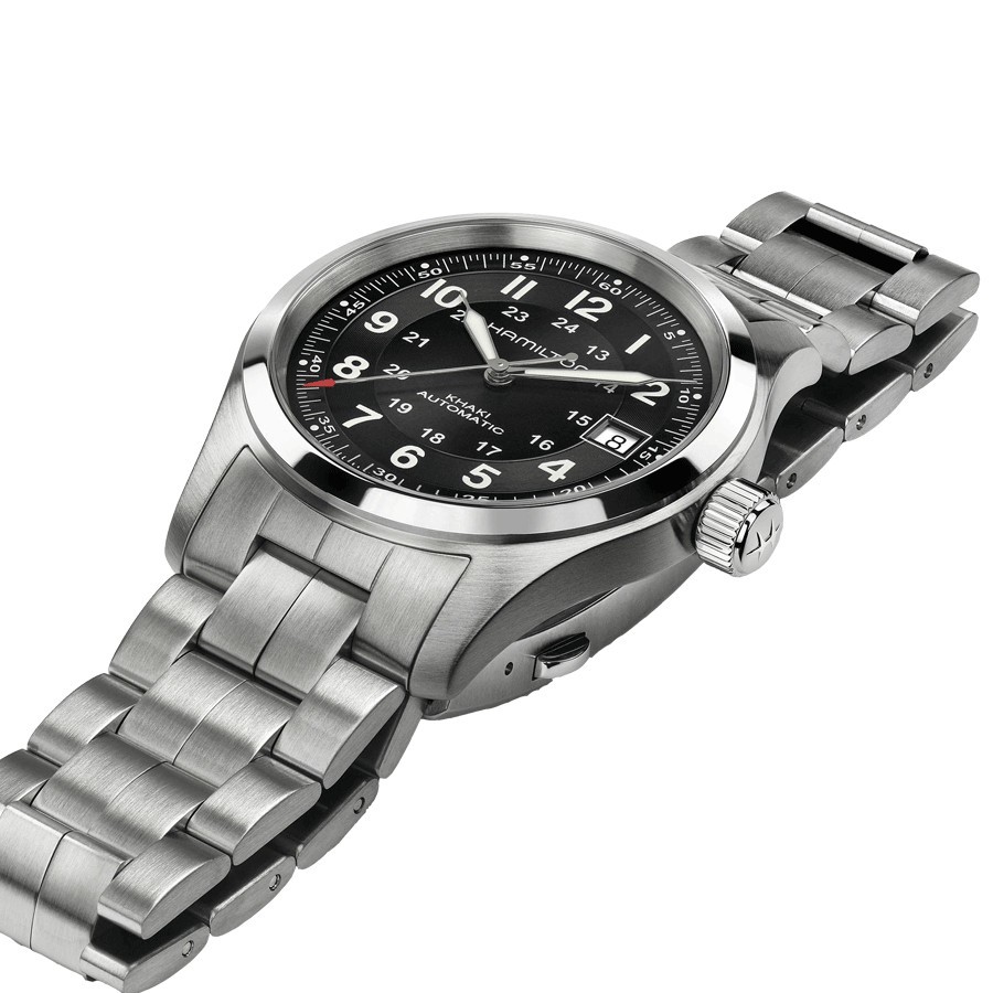 Montre Hamilton Khaki Field cadran noir bracelet acier 38 mm