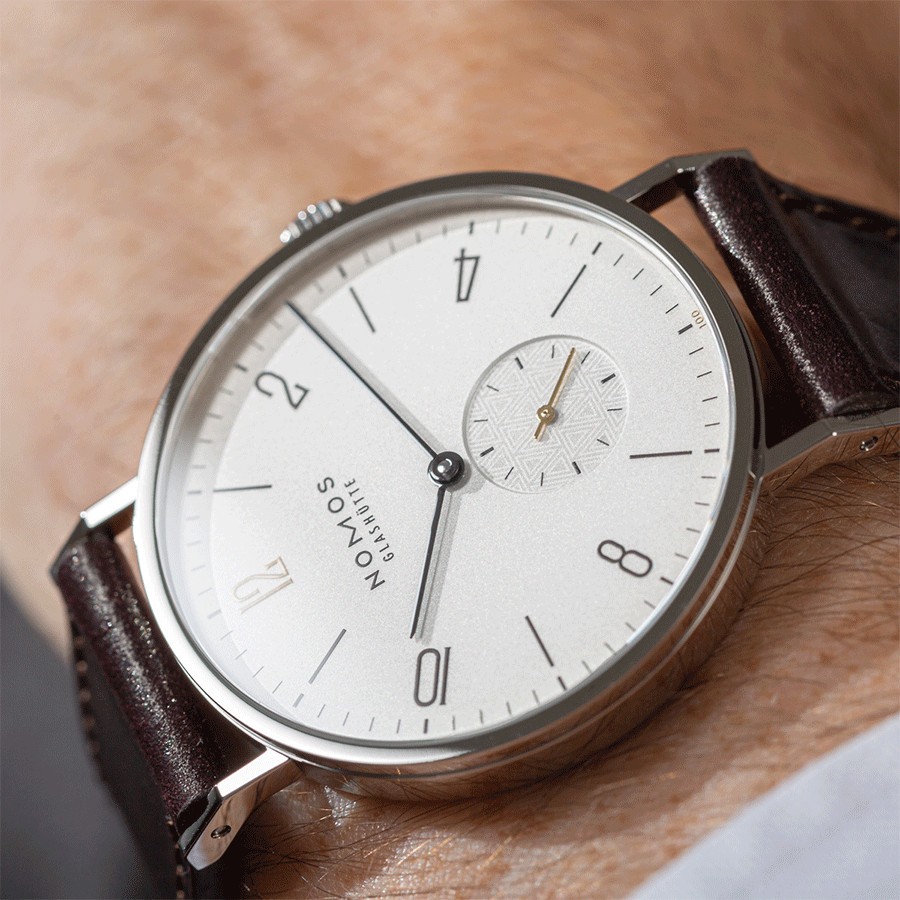 Montre Nomos Tangente Edition Limitée Centenaire Lepage mécanique cadran blanc bracelet cuir marron 35 mm