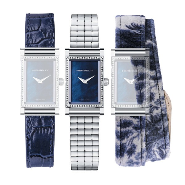 Watch Michel Herbelin Coffret Antarès quartz pearly blue dial steel and blue leather straps
