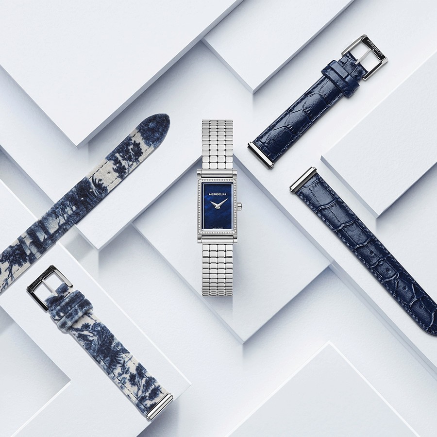 Montre Michel Herbelin Coffret Antarès quartz cadran bleu nacré bracelets acier et cuirs bleus