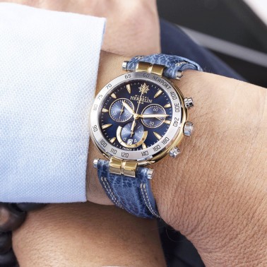 Montre Michel Herbelin Newport Originals Chrono quartz cadran bleu bracelet cuir bleu 40 mm