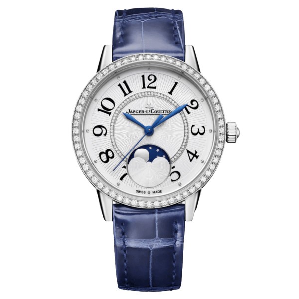 Montre Jaeger-LeCoultre Rendez-Vous Classic Moon automatique lunette sertie cadran argent bracelet cuir bleu 34 mm