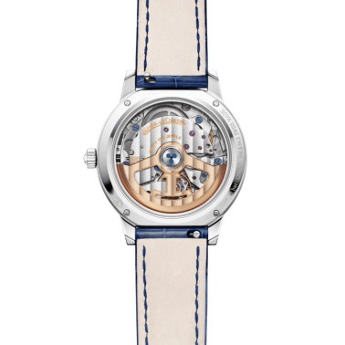 Montre Jaeger-LeCoultre Rendez-Vous Classic Moon automatique lunette sertie cadran argent bracelet cuir bleu 34 mm