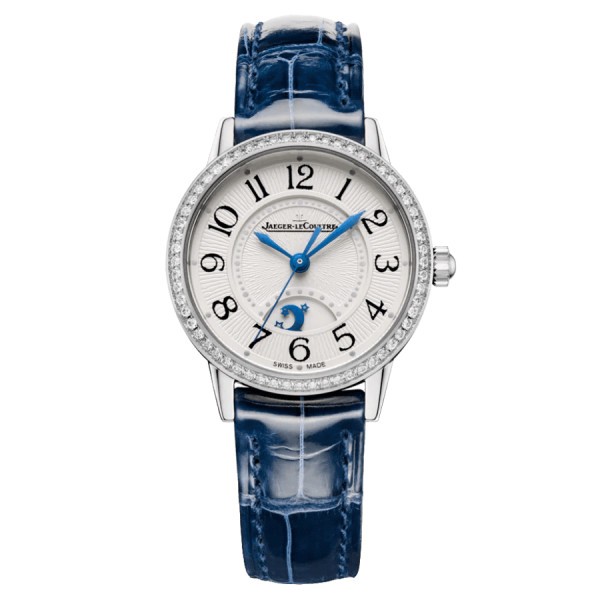 Montre Jaeger-LeCoultre Rendez-Vous Classic Night & Day automatique lunette sertie cadran argent bracelet cuir bleu 29 mm