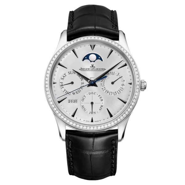 Jaeger-LeCoultre Master Ultra Thin Perpetual Calendar watch Automatic white gold bezel set with grey dial Black leather strap 39