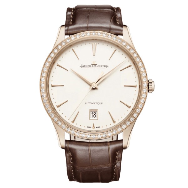Jaeger-LeCoultre Master Ultra Thin Date rose gold automatic watch bezel set beige dial brown leather strap 39 mm Q1232501