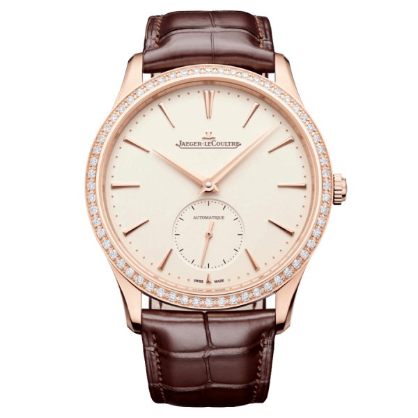 Jaeger-LeCoultre Master Ultra Thin Small Seconds automatic rose gold watch bezel set beige dial brown leather strap 39 mm Q12125