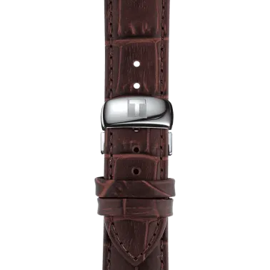 Montre Tissot T-Classic Tradition quartz cadran argent index chiffres et bâtons bracelet cuir brun 42 mm T063.610.16.037.00
