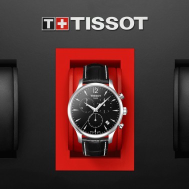 Montre Tissot T-Classic Tradition quartz chronographe cadran noir bracelet cuir noir 42 mm