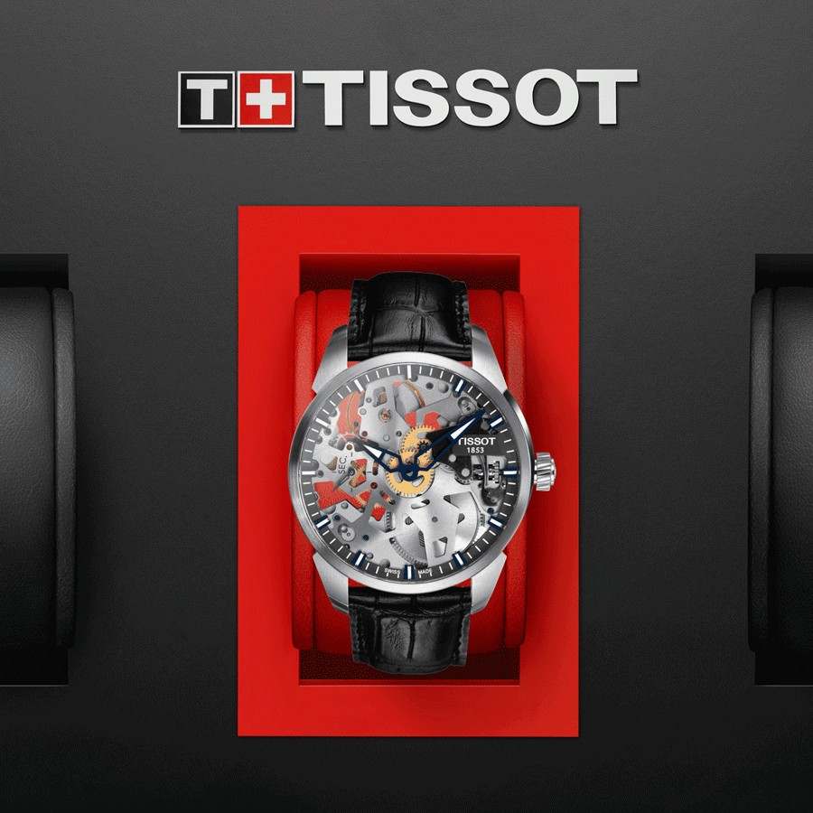 Montre Tissot T-Complication Squelette mécanique bracelet cuir noir 43 mm