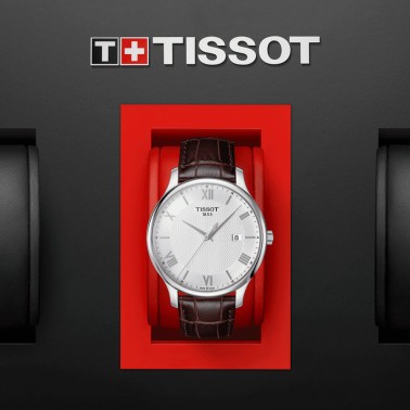 Montre Tissot T-Classic Tradition quartz cadran argent bracelet cuir brun 42 mm T063.610.16.038.00