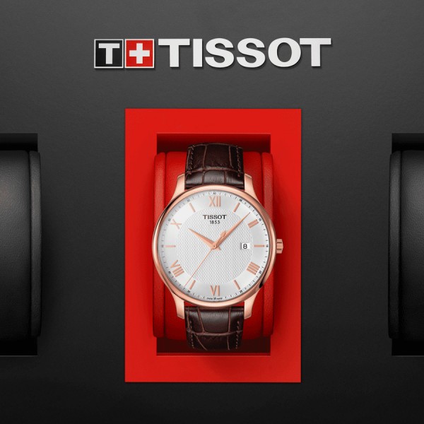 Montre Tissot T-Classic Tradition quartz acier PVD or rose cadran argent bracelet cuir brun 42 mm T063.610.36.038.00