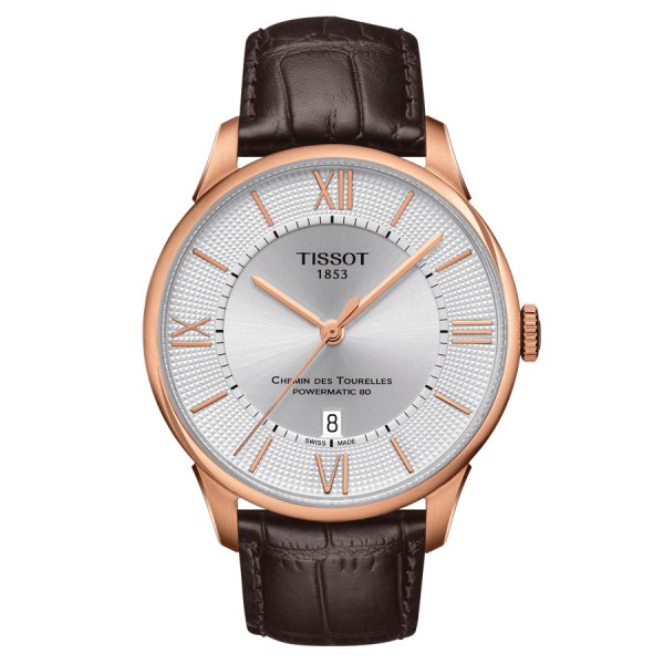 Montre Tissot T-Classic Chemin Des Tourelles Powermatic 80 cadran argent bracelet cuir marron 42 mm