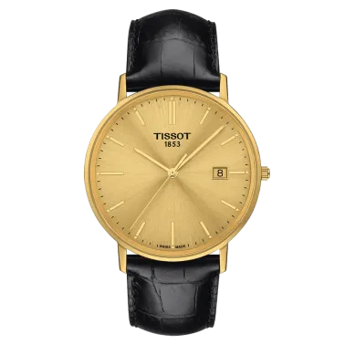 Montre Tissot T-Gold Goldrun Gent Or Jaune quartz cadran champagne bracelet cuir noir 38 mm T922.410.16.021.00