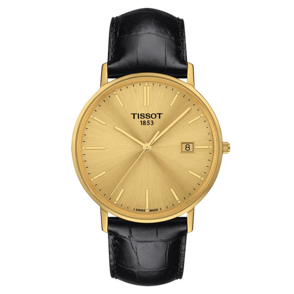 Montre Tissot T-Gold Goldrun Gent Or Jaune quartz cadran champagne bracelet cuir noir 38 mm T922.410.16.021.00