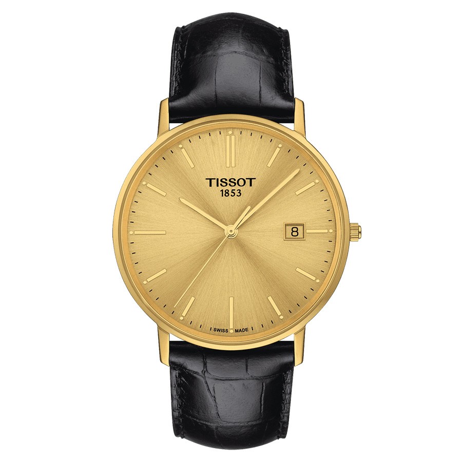 Montre Tissot T-Gold Goldrun Gent Or Jaune quartz cadran champagne bracelet cuir noir 38 mm T922.410.16.021.00