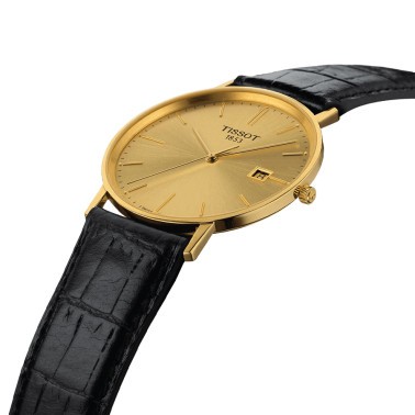 Montre Tissot T-Gold Goldrun Gent Or Jaune quartz cadran champagne bracelet cuir noir 38 mm T922.410.16.021.00