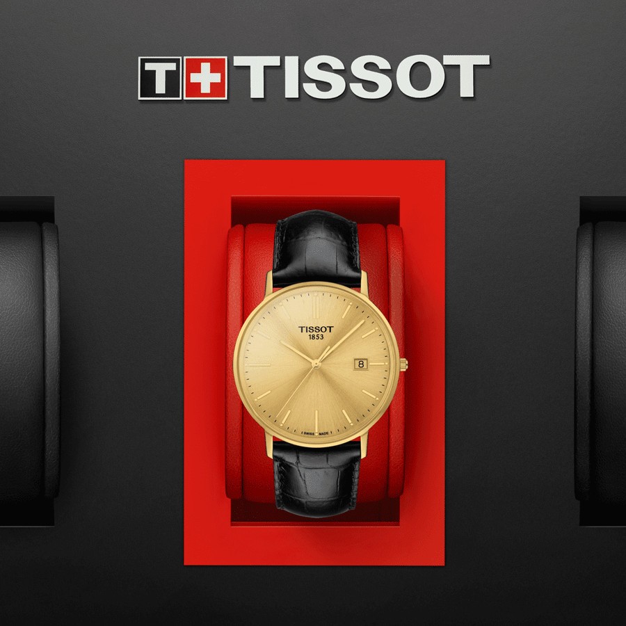 Montre Tissot T-Gold Goldrun Gent Or Jaune quartz cadran champagne bracelet cuir noir 38 mm T922.410.16.021.00