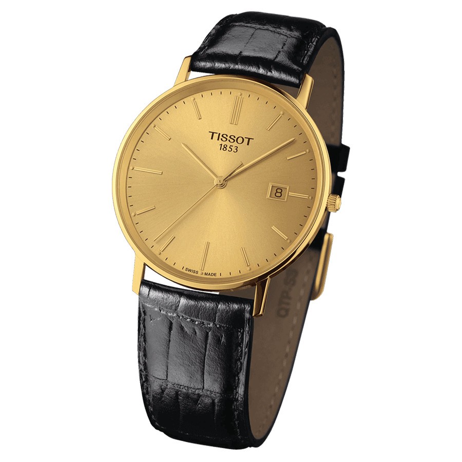 Montre Tissot T-Gold Goldrun Gent Or Jaune quartz cadran champagne bracelet cuir noir 38 mm T922.410.16.021.00