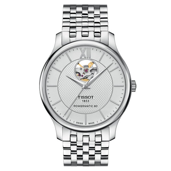Montre Tissot T-Classic Tradition Powermatic 80 Open Heart cadran argent bracelet acier 40 mm T063.907.11.038.00