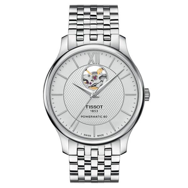 Montre Tissot T-Classic Tradition Powermatic 80 Open Heart cadran argent bracelet acier 40 mm